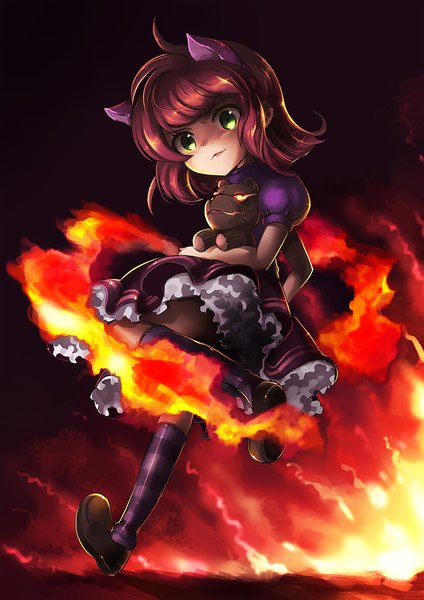 Anime picture 850x1202 with league of legends annie (league of legends) tibbers (league of legends) hamifr single tall image looking at viewer short hair green eyes red hair girl thighhighs dress striped thighhighs