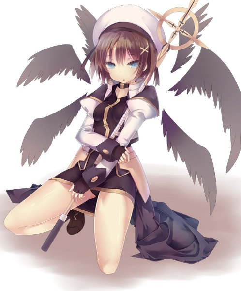 Anime picture 997x1200 with mahou shoujo lyrical nanoha yagami hayate minchi (lordofthemince) single tall image looking at viewer blush short hair open mouth blue eyes light erotic brown hair sitting holding :o pantyshot sitting magical girl girl gloves hair ornament