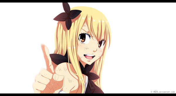 Anime picture 1741x950 with fairy tail lucy heartfilia i-azu single long hair highres open mouth simple background blonde hair smile wide image white background brown eyes coloring letterboxed girl bow hair bow