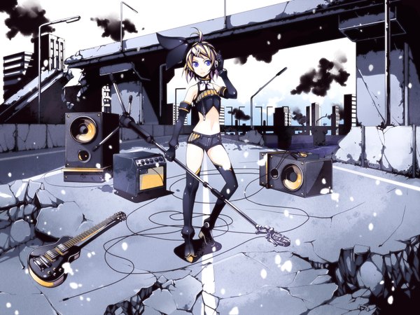 Anime picture 1600x1200 with vocaloid kagamine rin torigoe takumi short hair blue eyes blonde hair ahoge ruins girl bow hair bow shorts fingerless gloves microphone wire (wires) guitar speakers