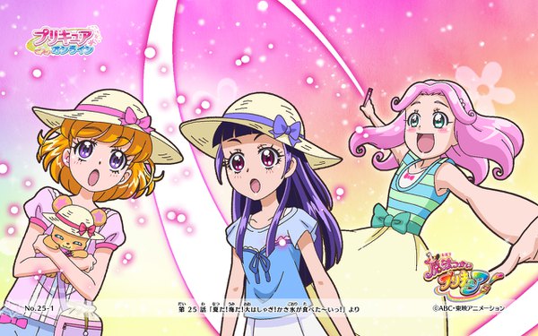 Anime picture 1280x800 with precure mahou girls precure! toei animation asahina mirai izayoi riko hanami kotoha mofurun (mahou girls precure!) ha-chan (mahou girls precure!) long hair blush fringe short hair open mouth blonde hair smile purple eyes multiple girls holding looking away pink hair