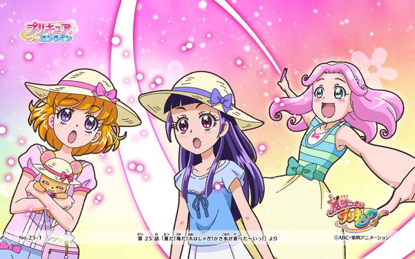 イラスト 1280x800 と プリキュア 魔法つかいプリキュア! 東映アニメーション 朝日奈みらい 十六夜リコ 花海ことは mofurun (mahou girls precure!) ha-chan (mahou girls precure!) 長髪 赤面 前髪 短い髪 開いた口 金髪 笑顔 紫目 multiple girls holding looking away ピンク髪