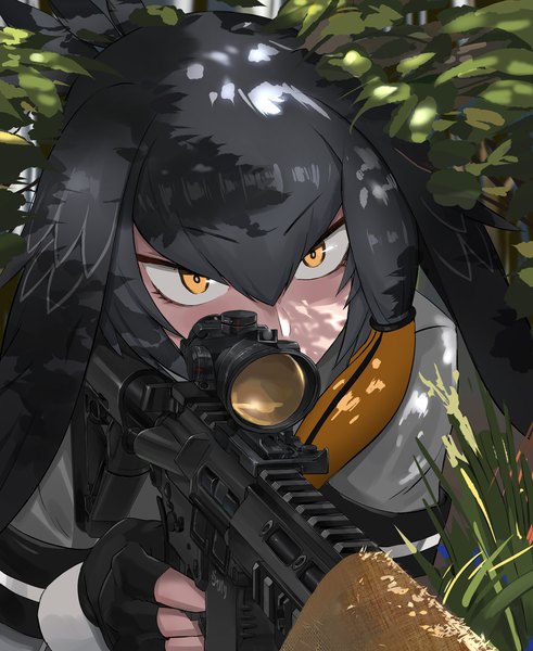 Anime picture 3570x4363 with kemono friends shoebill (kemono friends) ssamjang (misosan) single tall image fringe highres short hair hair between eyes yellow eyes looking away absurdres upper body outdoors grey hair sunlight shadow head wings nature sniper