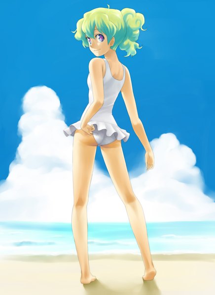 Anime picture 1500x2063 with tengen toppa gurren lagann gainax nia teppelin nagian single tall image short hair smile sky cloud (clouds) ponytail looking back green hair from behind beach wavy hair + + girl swimsuit sea