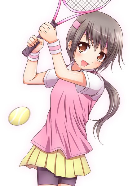 Anime picture 858x1164 with original kk-sk-ray single long hair tall image looking at viewer blush open mouth simple background white background brown eyes grey hair girl uniform gym uniform tennis uniform tennis racket