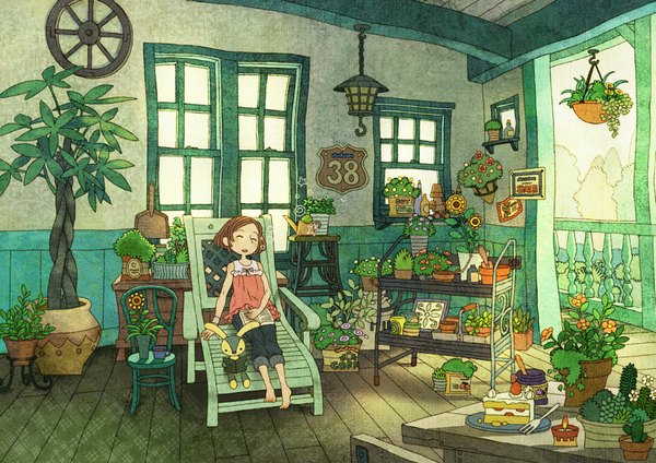 Anime picture 1024x724 with original sebascha sleeping girl flower (flowers) plant (plants) tree (trees) food window sweets book (books) toy chair bubble (bubbles) lantern cake bunny candle (candles)