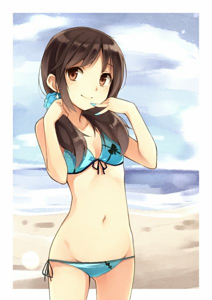 Anime picture 706x1000 with original kyuri single long hair tall image looking at viewer blush light erotic brown hair standing twintails brown eyes sky cloud (clouds) outdoors light smile bare belly beach low twintails border