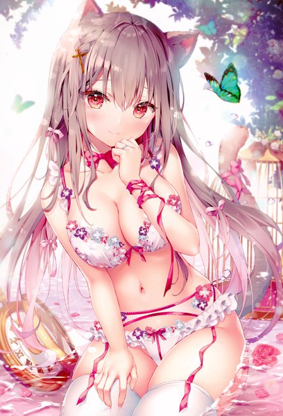 Anime picture 2585x3800 with original melonbooks kino (kino konomi) single long hair tall image looking at viewer blush fringe highres breasts light erotic hair between eyes red eyes brown hair large breasts sitting animal ears tail head tilt