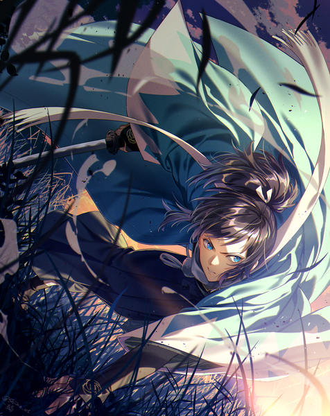 Anime picture 1826x2300 with touken ranbu nitroplus yamato no kami yasusada noes single long hair tall image highres blue eyes black hair looking away outdoors ponytail traditional clothes japanese clothes shaded face shinsengumi boy weapon plant (plants)