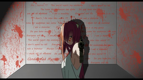 Anime picture 1920x1080 with elfen lied arms corporation lucy long hair highres wide image red hair weapon gun blood