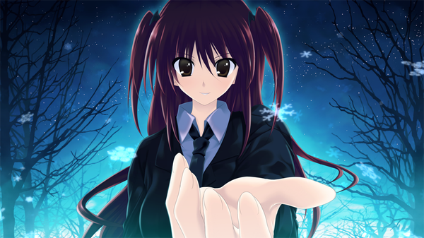 Anime picture 1024x576 with nekonade distortion nanakase yui long hair wide image twintails brown eyes game cg purple hair night outstretched arm short twintails girl plant (plants) tree (trees) necktie