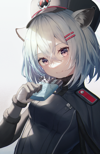 Anime picture 1632x2510 with blue archive shigure (blue archive) flippy (cripine111) single tall image fringe short hair simple background smile hair between eyes white background animal ears silver hair upper body pink eyes girl gloves bobby pin peaked cap