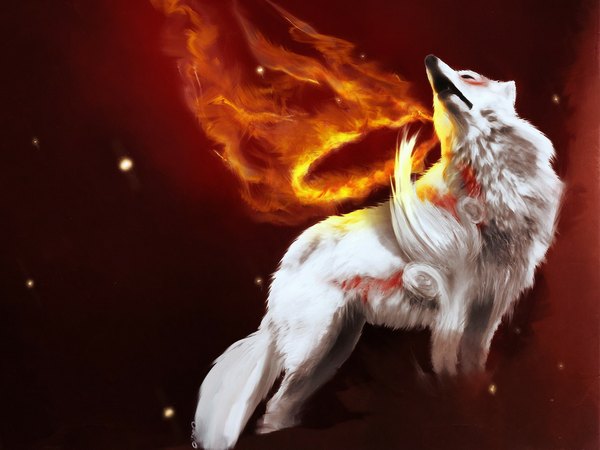 Anime picture 1024x768 with wallpaper animal fire wolf okami manga edition