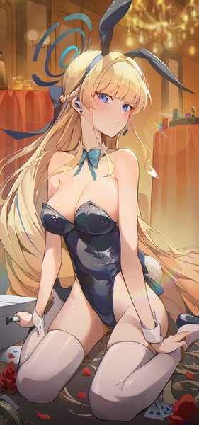 Anime picture 1500x3201 with blue archive toki (blue archive) toki (bunny) (blue archive) ninebell single long hair tall image looking at viewer blush fringe breasts blue eyes light erotic blonde hair large breasts sitting bare shoulders animal ears cleavage indoors