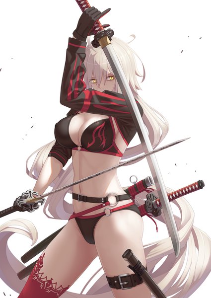 Anime picture 1254x1771 with fate (series) fate/grand order jeanne d'arc (fate) (all) jeanne d'arc alter (fate) jeanne d'arc alter (swimsuit berserker) (fate) takehisa tomoe single tall image looking at viewer fringe breasts light erotic simple background hair between eyes large breasts standing white background holding yellow eyes cleavage