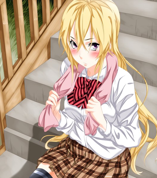 Anime picture 1500x1709 with shokugeki no soma j.c. staff nakiri erina facu10mag single long hair tall image looking at viewer blush fringe breasts blonde hair hair between eyes sitting purple eyes pink eyes towel around neck colored girl skirt