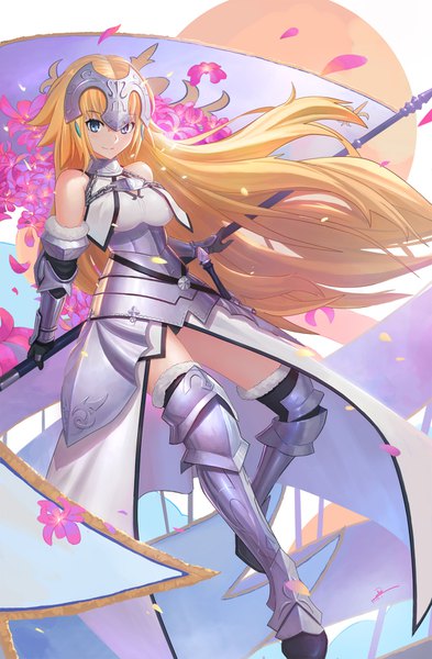 Anime picture 1080x1646 with fate (series) fate/apocrypha jeanne d'arc (fate) (all) jeanne d'arc (fate) duan henglong single long hair tall image looking at viewer blush blue eyes blonde hair smile white background bare shoulders holding bent knee (knees) alternate costume girl thighhighs