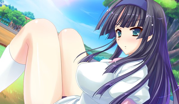 Anime picture 1024x600 with hime-sama gentei! long hair light erotic black hair wide image green eyes game cg girl uniform hairband gym uniform