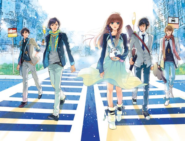 Anime picture 1200x915 with daisy (artist) long hair short hair blue eyes black hair blonde hair brown hair group walking street crosswalk girl dress boy shirt necktie jacket scarf umbrella pants