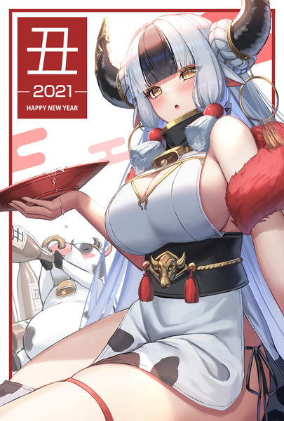 Anime picture 1000x1480 with original suraimu (suraimuraimu) single long hair tall image looking at viewer blush breasts light erotic large breasts animal ears yellow eyes silver hair multicolored hair horn (horns) two-tone hair sideboob new year happy new year 2021