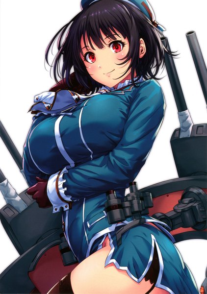 Anime picture 2463x3500 with kantai collection takao heavy cruiser sakiyamama single tall image looking at viewer blush fringe highres short hair breasts light erotic black hair simple background smile red eyes large breasts standing white background signed