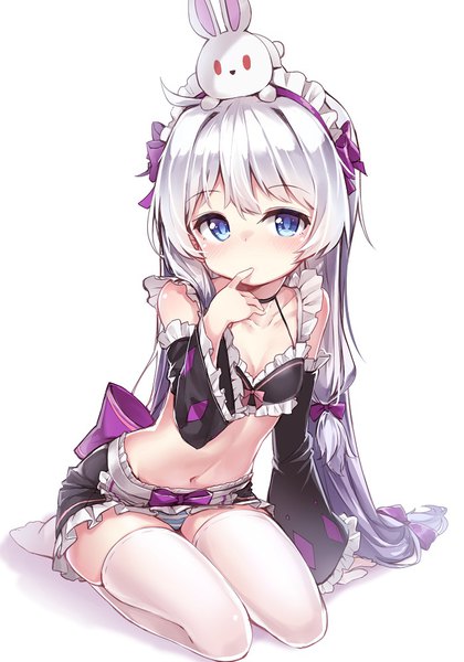 Anime picture 700x1000 with soul worker stella unibell darnell single long hair tall image looking at viewer blush blue eyes light erotic simple background white background sitting silver hair full body arm support maid pantyshot finger to mouth flat chest