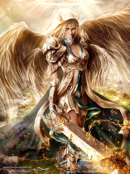 Anime picture 750x1000 with original arist0te single long hair tall image blonde hair signed yellow eyes inscription angel wings angel broken multiple wings girl ribbon (ribbons) weapon sword wings armor chain