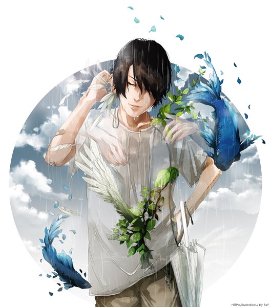 Anime picture 1056x1202 with original re (artist) tall image fringe short hair black hair sky eyes closed light smile hair over one eye inscription wet rain ghost closed umbrella boy plant (plants) petals wings bracelet