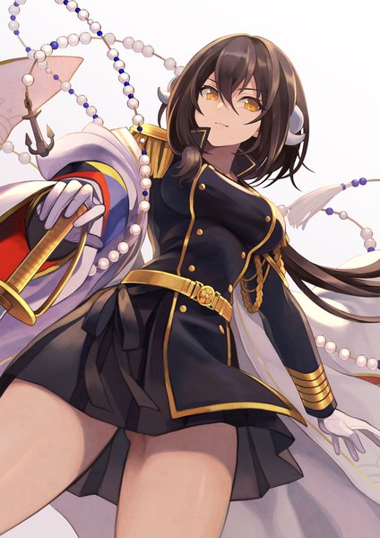 Anime picture 1200x1697 with azur lane mikasa (azur lane) yuko (uc yuk) single long hair tall image looking at viewer fringe breasts light erotic simple background smile hair between eyes brown hair standing white background holding yellow eyes long sleeves pleated skirt