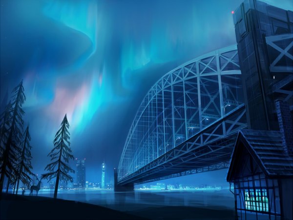 Anime picture 1024x768 with original seo tatsuya night city blue background landscape aurora borealis plant (plants) tree (trees) water star (stars) bridge deer