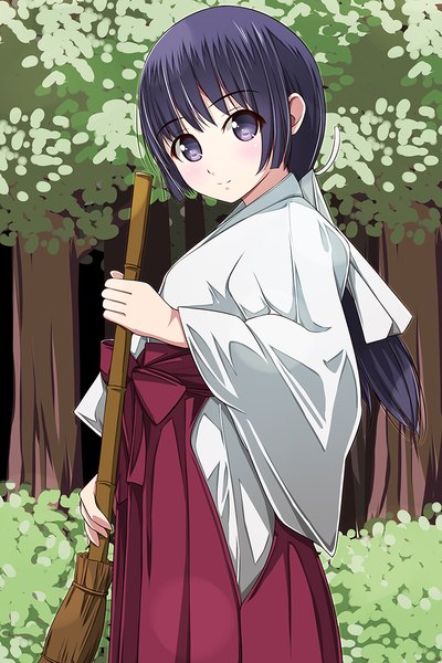 Anime picture 800x1200 with original matsunaga kouyou single long hair tall image looking at viewer black hair purple eyes traditional clothes japanese clothes miko girl plant (plants) tree (trees) broom