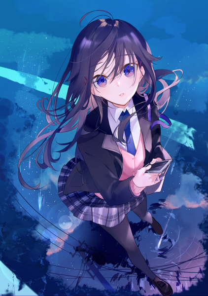 Anime picture 741x1054 with hoshizora no shita kimi no koe dake wo dakishimeru miwano rag single long hair tall image looking at viewer blush fringe hair between eyes standing purple eyes holding purple hair cloud (clouds) full body ahoge outdoors parted lips pleated skirt from above