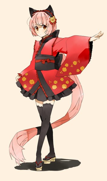 イラスト 833x1407 と ボーカロイド nekomura iroha catgirl0926 ソロ 長身像 前髪 simple background 獣耳 payot looking away ピンク髪 全身 very long hair ピンク目 猫耳 wide sleeves 影 絶対領域 outstretched arm low ponytail