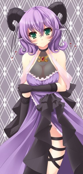 Anime picture 848x1773 with original taletale single tall image looking at viewer blush short hair bare shoulders green eyes purple hair horn (horns) girl dress gloves