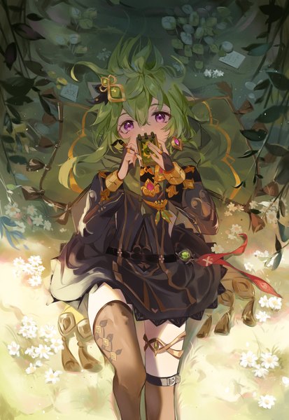 Anime picture 2114x3070 with genshin impact collei (genshin impact) timo wei95 single long hair tall image looking at viewer fringe highres hair between eyes purple eyes holding lying green hair on back covered mouth girl thighhighs flower (flowers) tassel