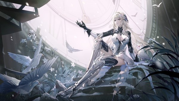 Anime picture 2133x1200 with punishing: gray raven bianca (punishing: gray raven) criin single long hair fringe highres breasts wide image sitting looking away cleavage full body bent knee (knees) blunt bangs hair flower light smile high heels outstretched arm silver eyes