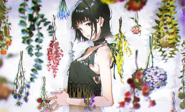 Anime picture 3362x2040 with original yoneyama mai single fringe highres short hair black hair wide image absurdres parted lips black eyes girl navel flower (flowers) rose (roses) transparent clothing hydrangea mimosa (flower)