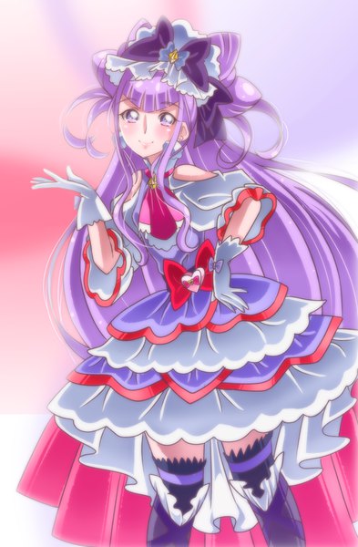 Anime picture 655x1000 with precure hugtto! precure toei animation ruru amour cure amour shunciwi single tall image looking at viewer blush fringe smile purple eyes payot purple hair very long hair girl thighhighs dress gloves
