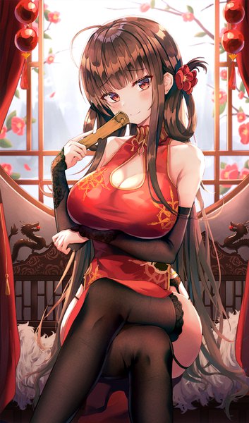 Anime picture 1000x1699 with girls frontline dsr-50 (girls frontline) dsr-50 (red peony) (girls' frontline) lkeris single tall image looking at viewer blush fringe breasts light erotic black hair smile red eyes bare shoulders holding payot ahoge indoors blunt bangs