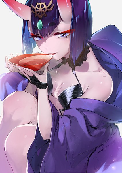 Anime picture 707x1000 with fate (series) fate/grand order shuten douji (fate) ryokucha (i cobalt) single tall image fringe short hair breasts light erotic simple background purple eyes purple hair horn (horns) from above shaded face eyebrows eyeshadow oni horns drinking