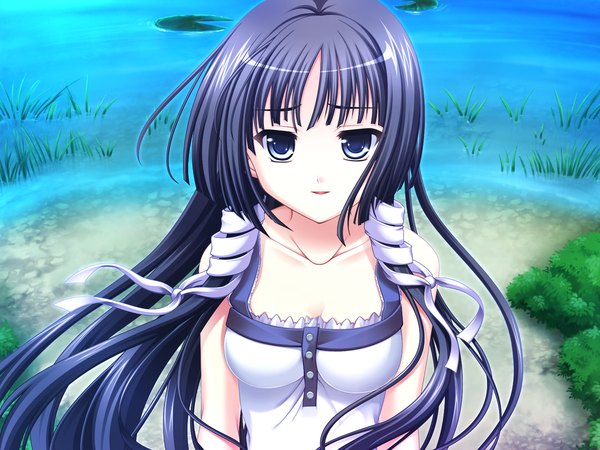 Anime picture 1600x1200 with tasogare no sinsemilla minagami sakuya single long hair looking at viewer blue eyes black hair game cg purple hair upper body outdoors parted lips girl flower (flowers) ribbon (ribbons) hair ribbon water water lily