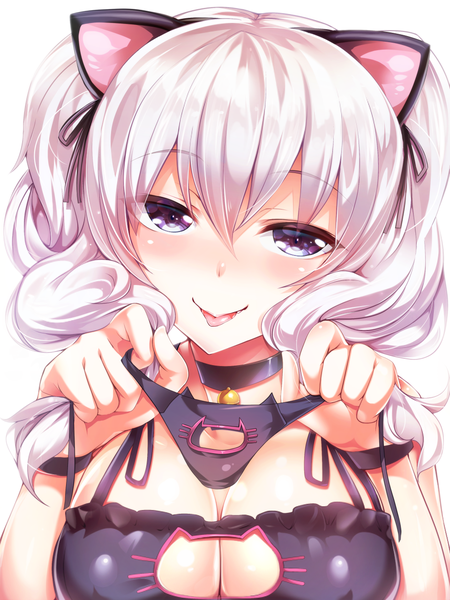 Anime picture 960x1280 with kantai collection kashima training cruiser silly (marinkomoe) single long hair tall image looking at viewer breasts blue eyes light erotic smile animal ears white hair cat ears cat girl girl underwear panties lingerie bra