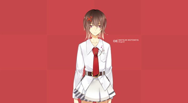 Anime picture 1282x706 with tsukiuta motomiya matsuri tagme (artist) single short hair simple background brown hair wide image pink eyes official art character names red background girl uniform hair ornament school uniform necktie hairclip x hair ornament