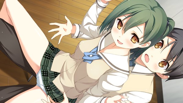 Anime picture 1920x1080 with your diary nagamine tomoki enomoto kaho kantoku blush highres short hair open mouth light erotic black hair wide image brown eyes game cg green hair pantyshot couple one side up girl boy uniform