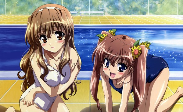 Anime picture 3251x2000 with nogizaka haruka no himitsu nogizaka haruka nogizaka mika ishikawa masakazu highres light erotic wide image swimsuit one-piece swimsuit school swimsuit