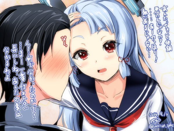 Anime picture 1200x900 with kantai collection murakumo destroyer admiral (kantai collection) gin'ichi (akacia) long hair blush breasts open mouth red eyes signed blue hair parted lips profile inscription embarrassed text eyebrows face to face tress ribbon no face