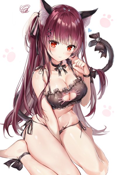 Anime picture 750x1122 with girls frontline wa2000 (girls frontline) narae single long hair tall image looking at viewer blush fringe breasts light erotic simple background red eyes large breasts white background sitting cleavage purple hair tail blunt bangs