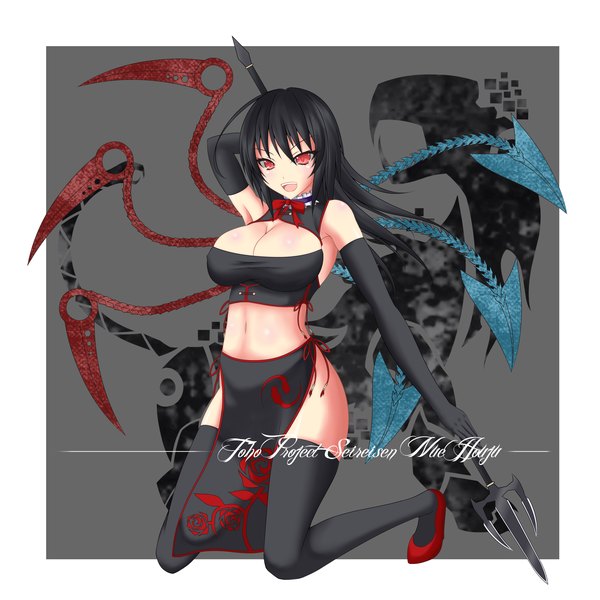 Anime picture 2000x2000 with touhou houjuu nue gmot single long hair highres breasts open mouth light erotic black hair red eyes large breasts midriff mechanical wings girl thighhighs gloves navel weapon black thighhighs