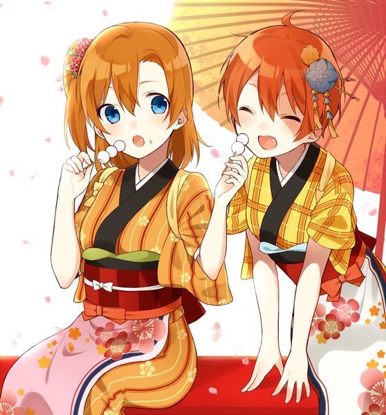 Anime picture 1000x1076 with love live! school idol project sunrise (studio) love live! kousaka honoka hoshizora rin chisumi tall image blush short hair open mouth blue eyes smile brown hair sitting multiple girls looking away eyes closed traditional clothes japanese clothes orange hair