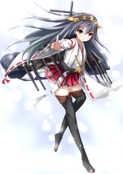 Anime picture 707x1000 with kantai collection haruna battleship suzuame yatsumi single long hair tall image looking at viewer blush fringe black hair smile hair between eyes brown eyes bent knee (knees) traditional clothes japanese clothes pleated skirt wide sleeves floating hair girl